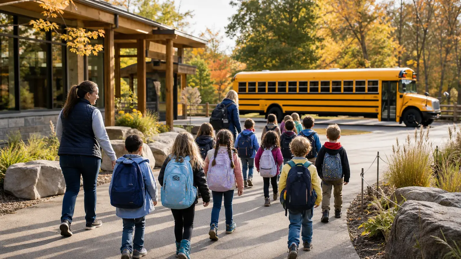 Elementary students with backpacks and adult chaperones arriving for a field trip beside a yellow school bus
